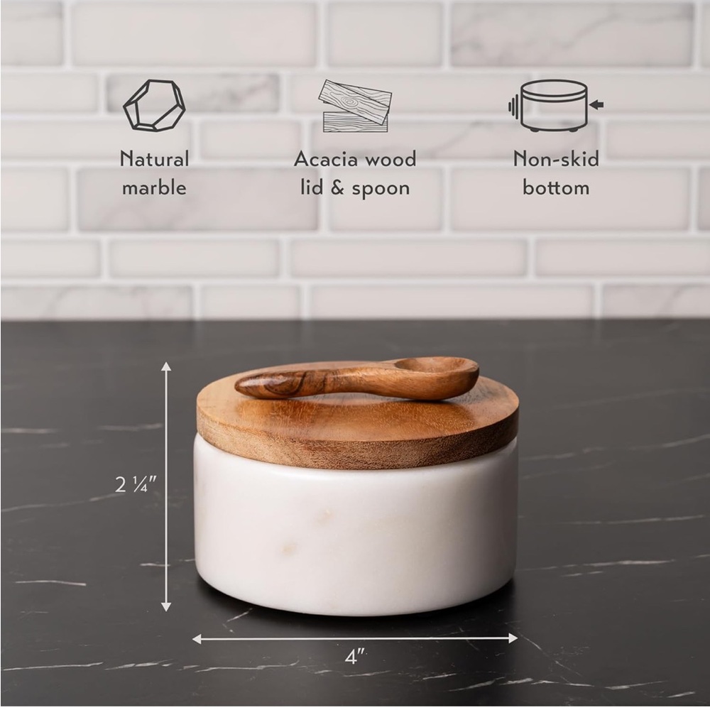 Cork & Mill White Marble Salt Cellar with Acacia Wood Lid and Spoon - Picture 4 of 14